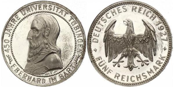 5 Reichsmark Веймарська республіка (1918-1933) Срібло Ебергард I (граф Вюртембергу)