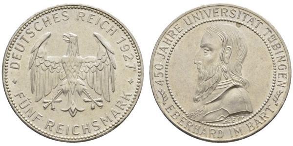 5 Reichsmark Веймарська республіка (1918-1933) Срібло Ебергард I (граф Вюртембергу)