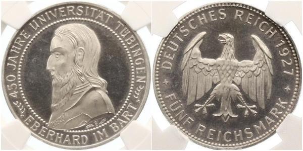 5 Reichsmark Веймарська республіка (1918-1933) Срібло Ебергард I (граф Вюртембергу)