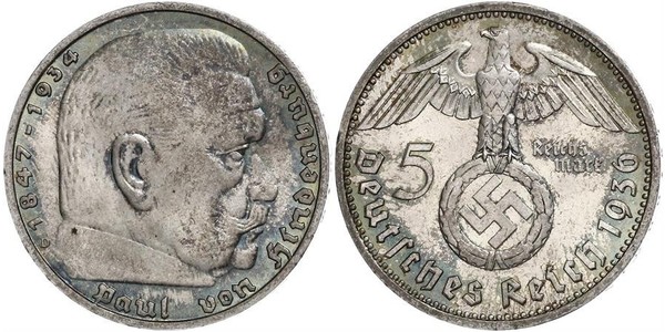 5 Reichsmark Третій рейх (1933-1945) Срібло Пауль фон Гінденбург