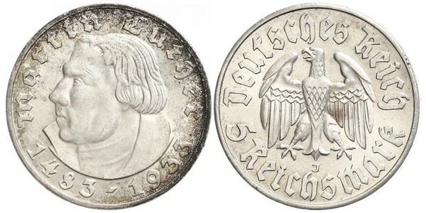 5 Reichsmark Третій рейх (1933-1945) Срібло Мартін Лютер