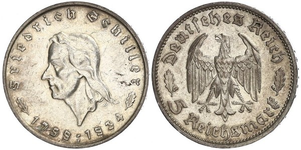 5 Reichsmark Третій рейх (1933-1945) Срібло Йоганн-Фрідріх Шиллер