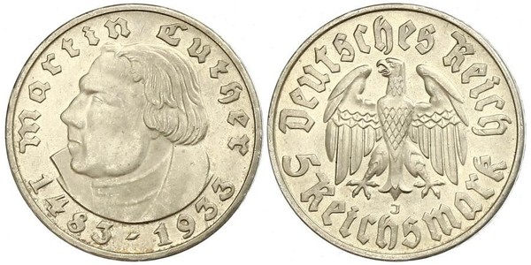 5 Reichsmark Третій рейх (1933-1945) Срібло Мартін Лютер