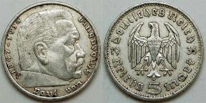 5 Reichsmark 納粹德國 (1933 - 1945) 銀 保罗·冯·兴登堡 (1847 - 1934)