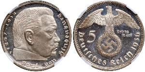 5 Reichsmark 納粹德國 (1933 - 1945) 銀 保罗·冯·兴登堡 (1847 - 1934)