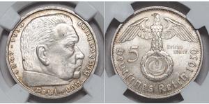 5 Reichsmark 納粹德國 (1933 - 1945) 銀 保罗·冯·兴登堡 (1847 - 1934)