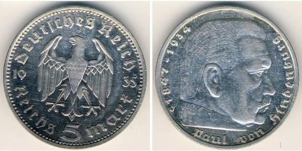 5 Reichsmark 納粹德國 (1933 - 1945) 銀 保罗·冯·兴登堡 (1847 - 1934)