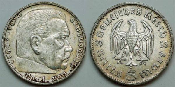 5 Reichsmark 納粹德國 (1933 - 1945) 銀 保罗·冯·兴登堡 (1847 - 1934)