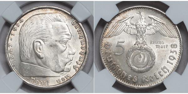 5 Reichsmark 納粹德國 (1933 - 1945) 銀 保罗·冯·兴登堡 (1847 - 1934)