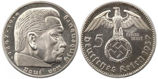 5 Reichsmark 納粹德國 (1933 - 1945) 銀 保罗·冯·兴登堡 (1847 - 1934)
