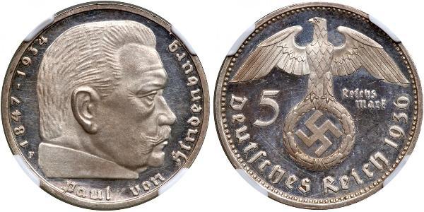 5 Reichsmark 納粹德國 (1933 - 1945) 銀 保罗·冯·兴登堡 (1847 - 1934)