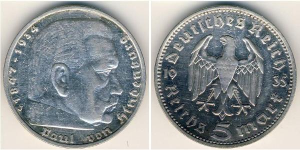 5 Reichsmark 納粹德國 (1933 - 1945) 銀 保罗·冯·兴登堡 (1847 - 1934)