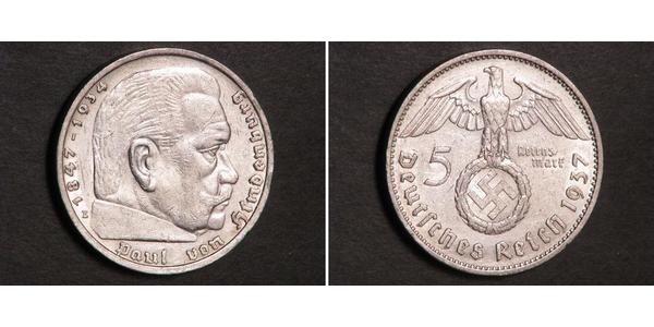 5 Reichsmark 納粹德國 (1933 - 1945) 銀 保罗·冯·兴登堡 (1847 - 1934)