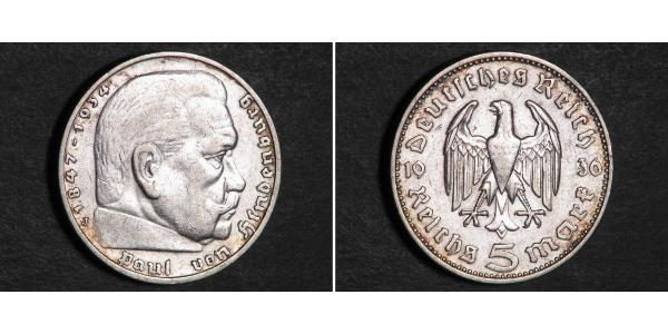 5 Reichsmark 納粹德國 (1933 - 1945) 銀 保罗·冯·兴登堡 (1847 - 1934)