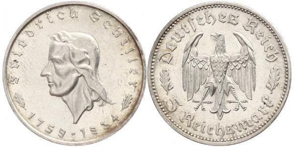 5 Reichsmark 納粹德國 (1933 - 1945) 銀 弗里德里希·席勒