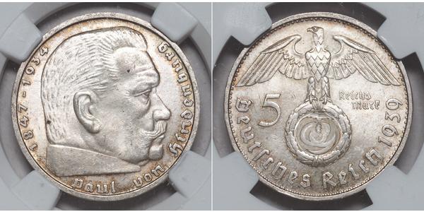 5 Reichsmark 納粹德國 (1933 - 1945) 銀 保罗·冯·兴登堡 (1847 - 1934)