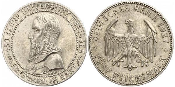 5 Reichsmark 魏瑪共和國 (1919 - 1933) 銀 Eberhard I, Count of Württemberg