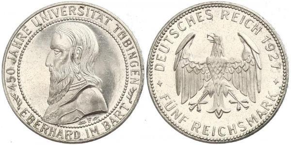 5 Reichsmark 魏瑪共和國 (1919 - 1933) 銀 Eberhard I, Count of Württemberg