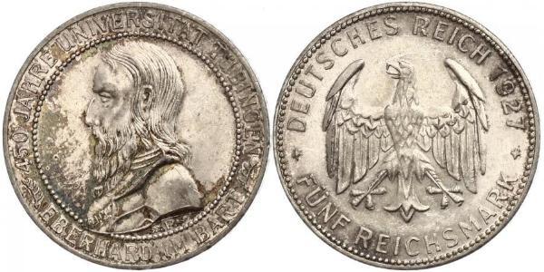 5 Reichsmark 魏瑪共和國 (1919 - 1933) 銀 Eberhard I, Count of Württemberg