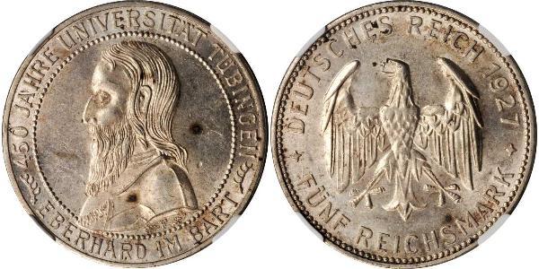 5 Reichsmark 魏瑪共和國 (1919 - 1933) 銀 Eberhard I, Count of Württemberg