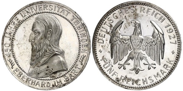 5 Reichsmark 魏瑪共和國 (1919 - 1933) 銀 Eberhard I, Count of Württemberg