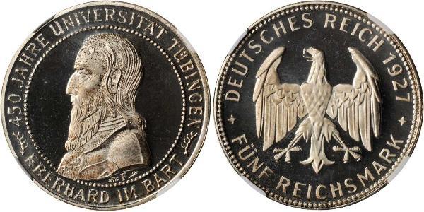 5 Reichsmark 魏瑪共和國 (1919 - 1933) 銀 Eberhard I, Count of Württemberg
