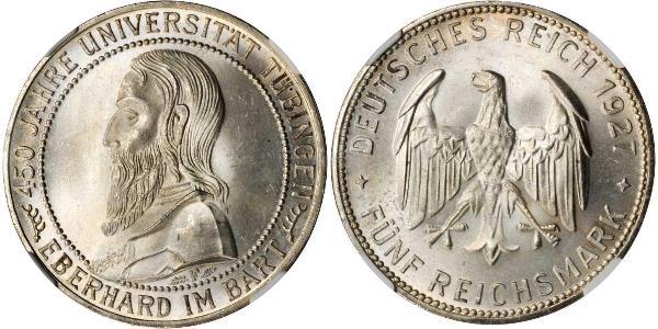5 Reichsmark 魏瑪共和國 (1919 - 1933) 銀 Eberhard I, Count of Württemberg