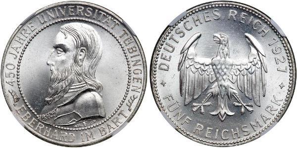 5 Reichsmark 魏瑪共和國 (1919 - 1933) 銀 Eberhard I, Count of Württemberg