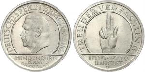5 Reichsmark / 5 Марка Веймарская республика (1918-1933) Серебро Гинденбург, Пауль фон