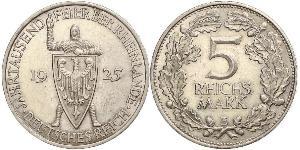 5 Reichsmark / 5 Марка Веймарская республика (1918-1933) Серебро 