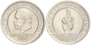 5 Reichsmark / 5 Марка Веймарская республика (1918-1933) Серебро Гинденбург, Пауль фон