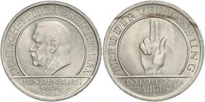 5 Reichsmark / 5 Марка Веймарская республика (1918-1933) Серебро Гинденбург, Пауль фон