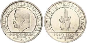 5 Reichsmark / 5 Марка Веймарская республика (1918-1933) Серебро Гинденбург, Пауль фон