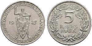 5 Reichsmark / 5 Марка Веймарская республика (1918-1933) Серебро 