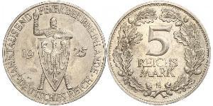 5 Reichsmark / 5 Марка Веймарская республика (1918-1933) Серебро 