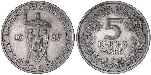 5 Reichsmark / 5 Марка Веймарская республика (1918-1933) Серебро 