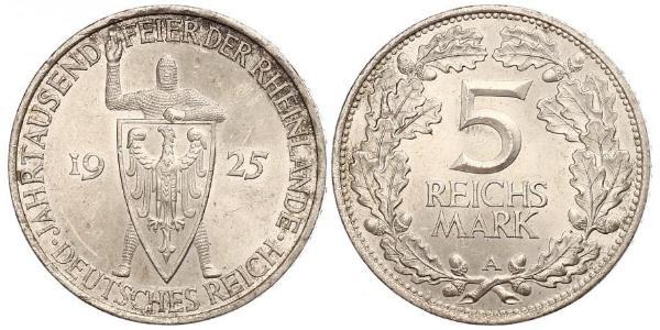 5 Reichsmark / 5 Марка Веймарская республика (1918-1933) Серебро 