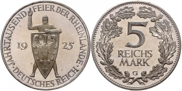5 Reichsmark / 5 Марка Веймарская республика (1918-1933) Серебро 