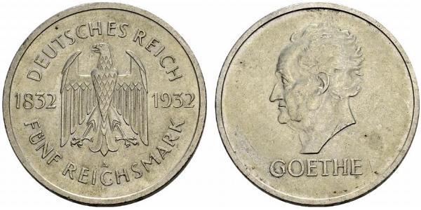 5 Reichsmark / 5 Марка Веймарская республика (1918-1933) Серебро 