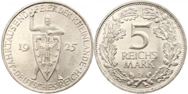 5 Reichsmark / 5 Марка Веймарская республика (1918-1933) Серебро 