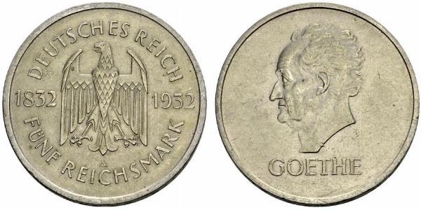 5 Reichsmark / 5 Марка Веймарская республика (1918-1933) Серебро 