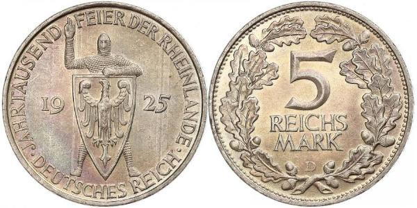 5 Reichsmark / 5 Марка Веймарская республика (1918-1933) Серебро 