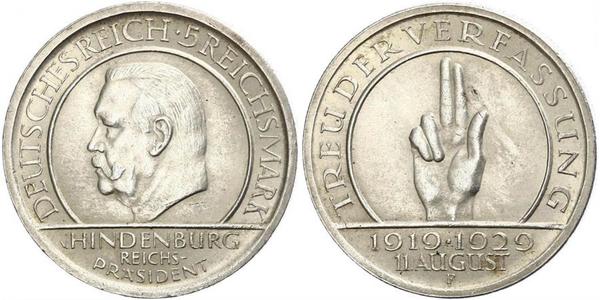 5 Reichsmark / 5 Марка Веймарская республика (1918-1933) Серебро Гинденбург, Пауль фон
