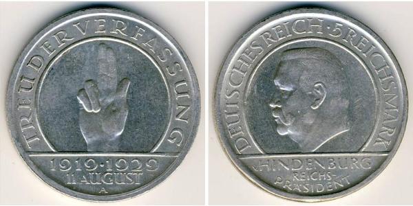 5 Reichsmark / 5 Марка Веймарская республика (1918-1933) Серебро Гинденбург, Пауль фон