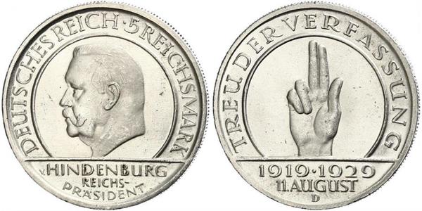 5 Reichsmark / 5 Марка Веймарская республика (1918-1933) Серебро Гинденбург, Пауль фон