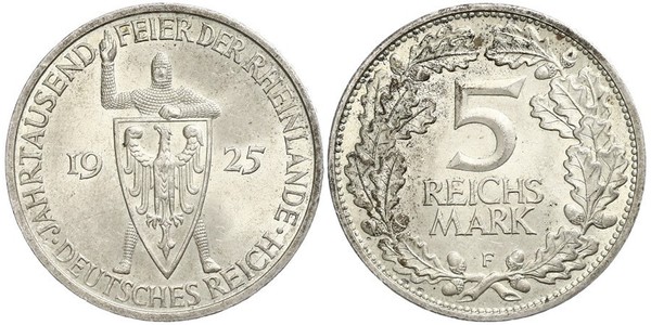 5 Reichsmark / 5 Марка Веймарская республика (1918-1933) Серебро 