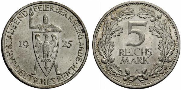 5 Reichsmark / 5 Марка Веймарская республика (1918-1933) Серебро 