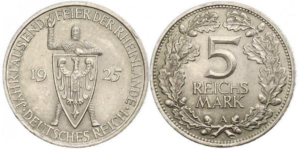 5 Reichsmark / 5 Марка Веймарская республика (1918-1933) Серебро 