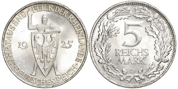 5 Reichsmark / 5 Марка Веймарская республика (1918-1933) Серебро 