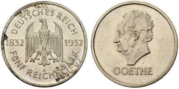 5 Reichsmark / 5 Марка Веймарская республика (1918-1933) Серебро 